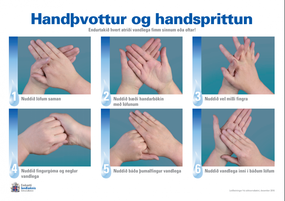 Leiðbeiningar Landlæknis um handþvott.