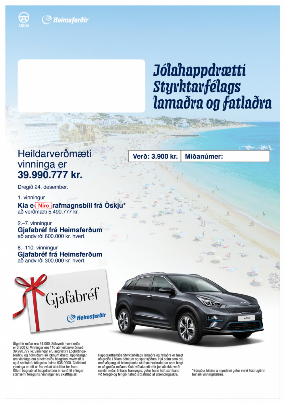 Villa á happdrættismiðanum: Kia e-Niro í verðlaun í stað e-Soul