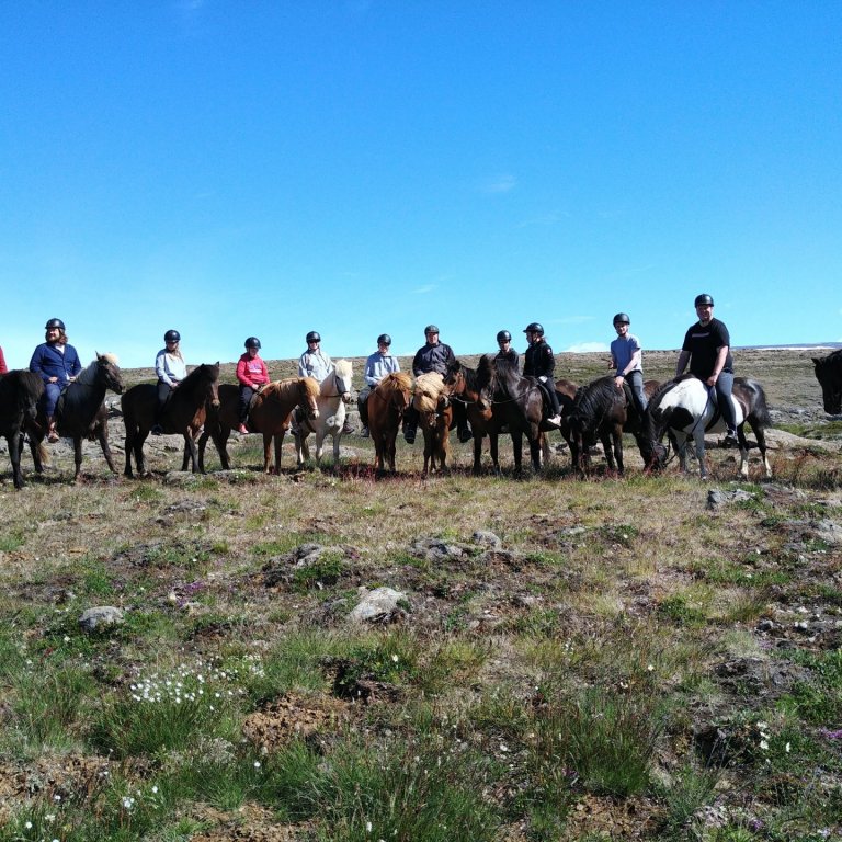 Gestir og starfsmenn í Ævintýrabúðum Reykjadals í Háholti í Skagafirði á hestbaki
