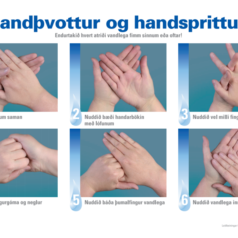 Leiðbeiningar Landlæknis um handþvott.