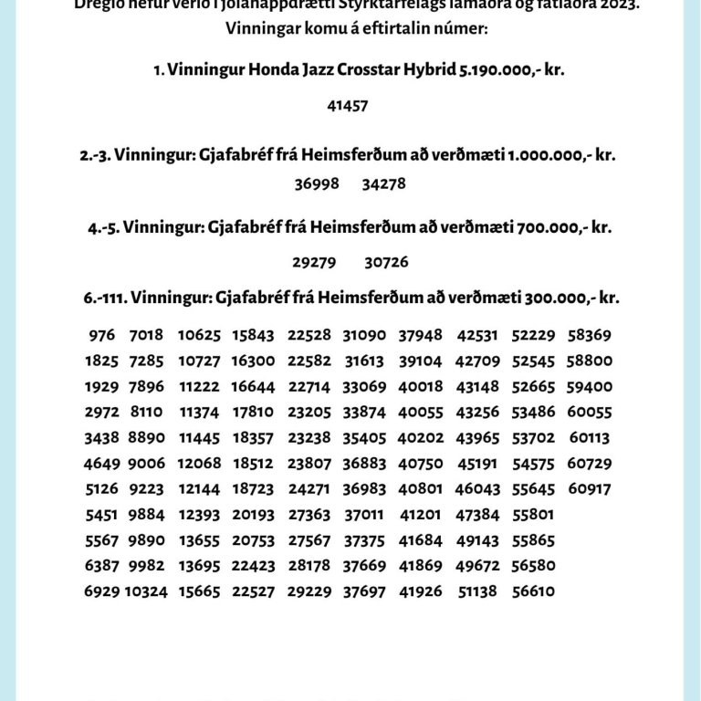 Vinningstölur í Jólahappdrætti SLF 2023